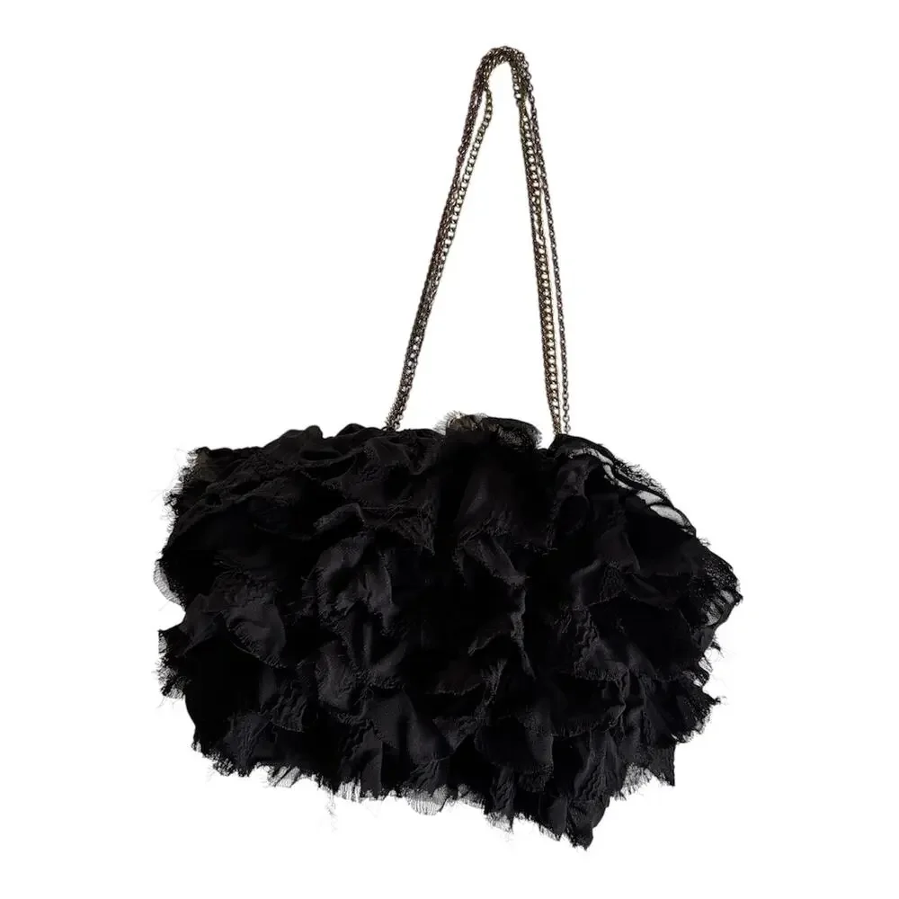 Betsey Johnson Black Ruffled Tulle Multi Chain Strap Clutch Bag Snap Closure